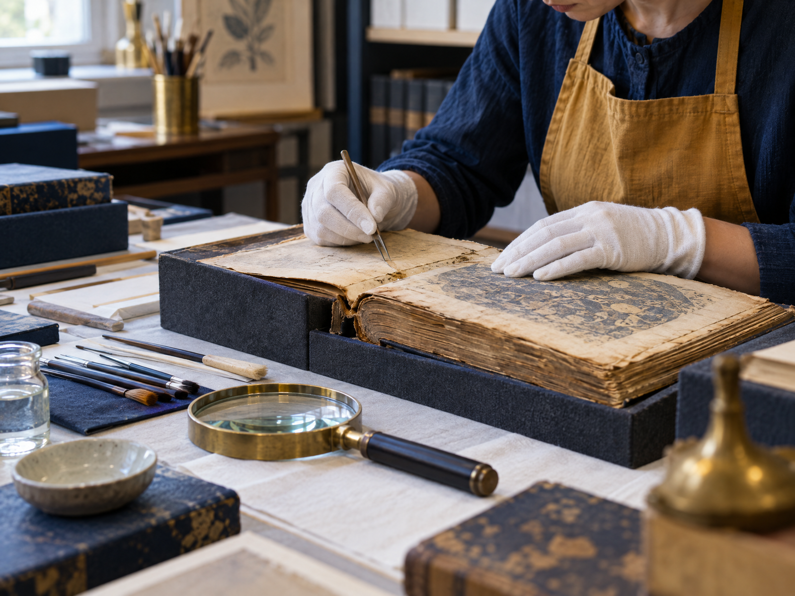 Conservator restoring a rare historical book in an archival studio